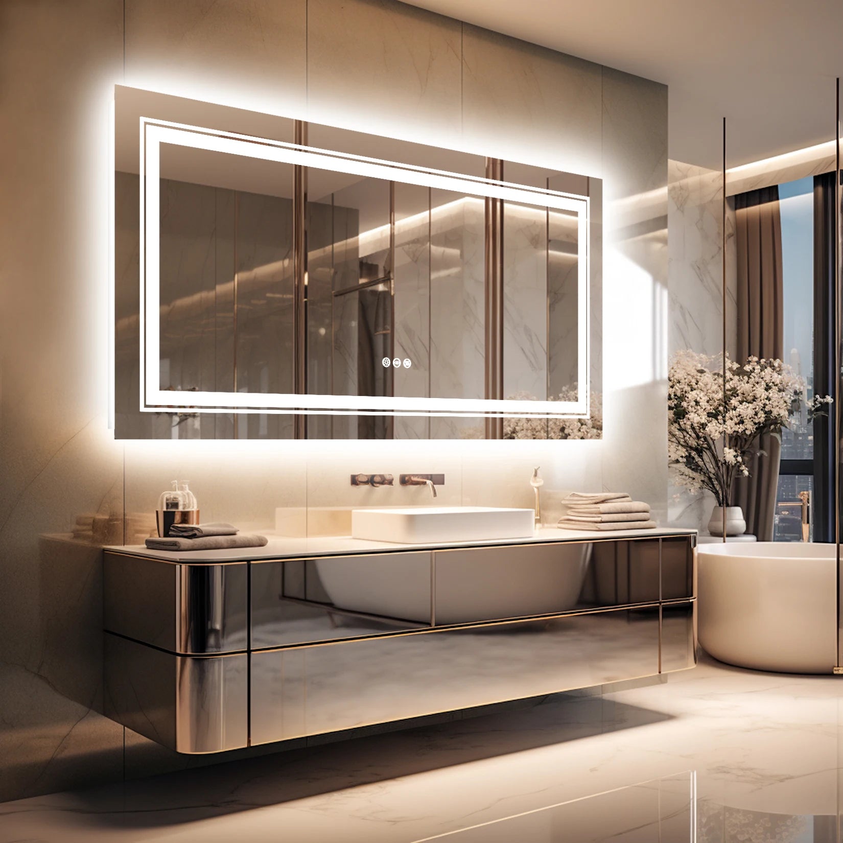 Extra Large Rectangle Bathroom Mirror LED  Dimmable Backlit Anti-Fog Memory with Front and Backlight Shatter-Proof
