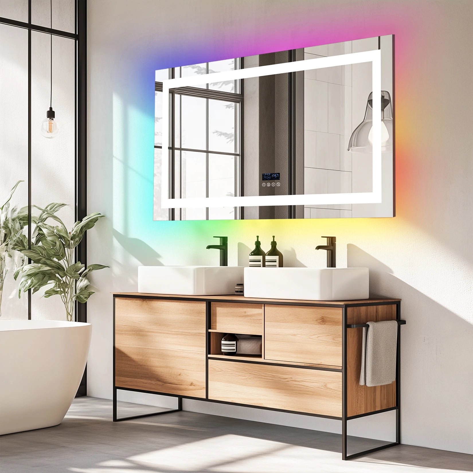 Rectangular LED Bathroom Mirror, Front-lit, RGB Backlight, Touch Antifog  with Date and Time Bluetooth Speaker