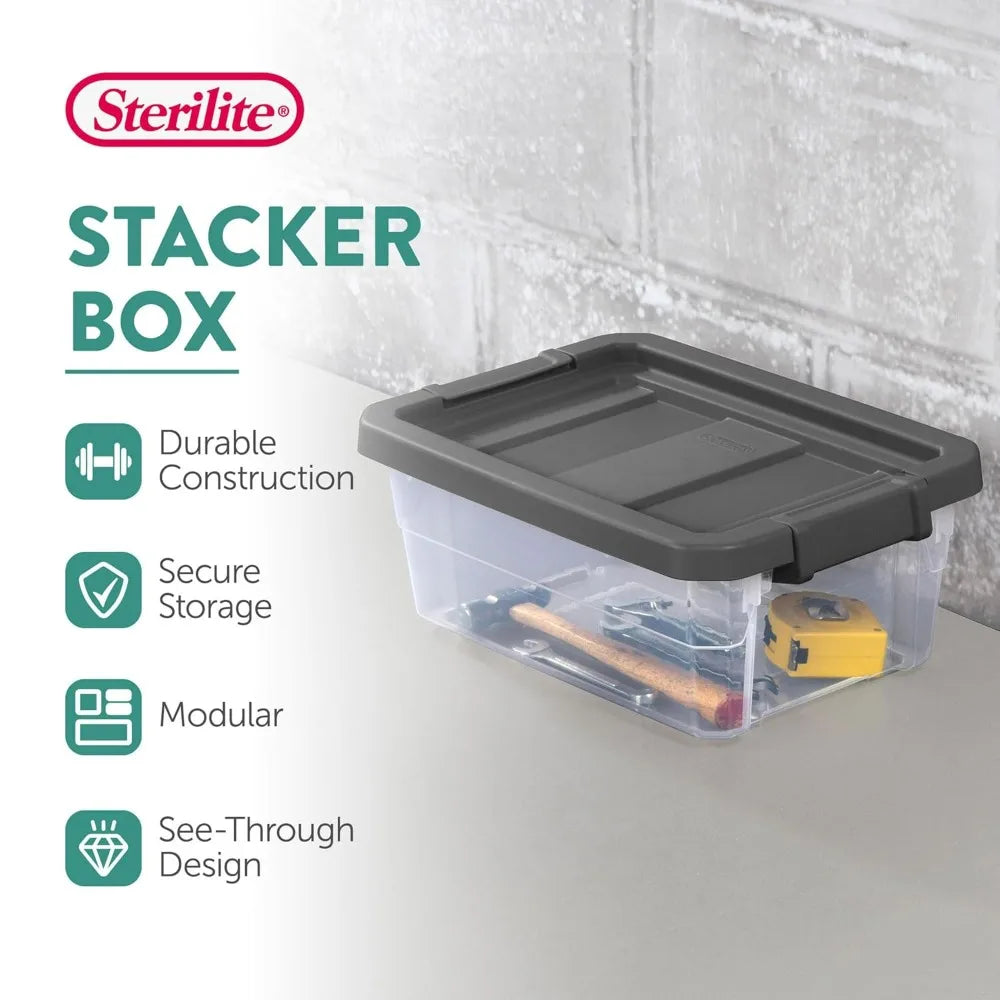 Sterilite 6-Pack 16 Quart Modular Stacker Clear Plastic Storage Bins Latching Lids