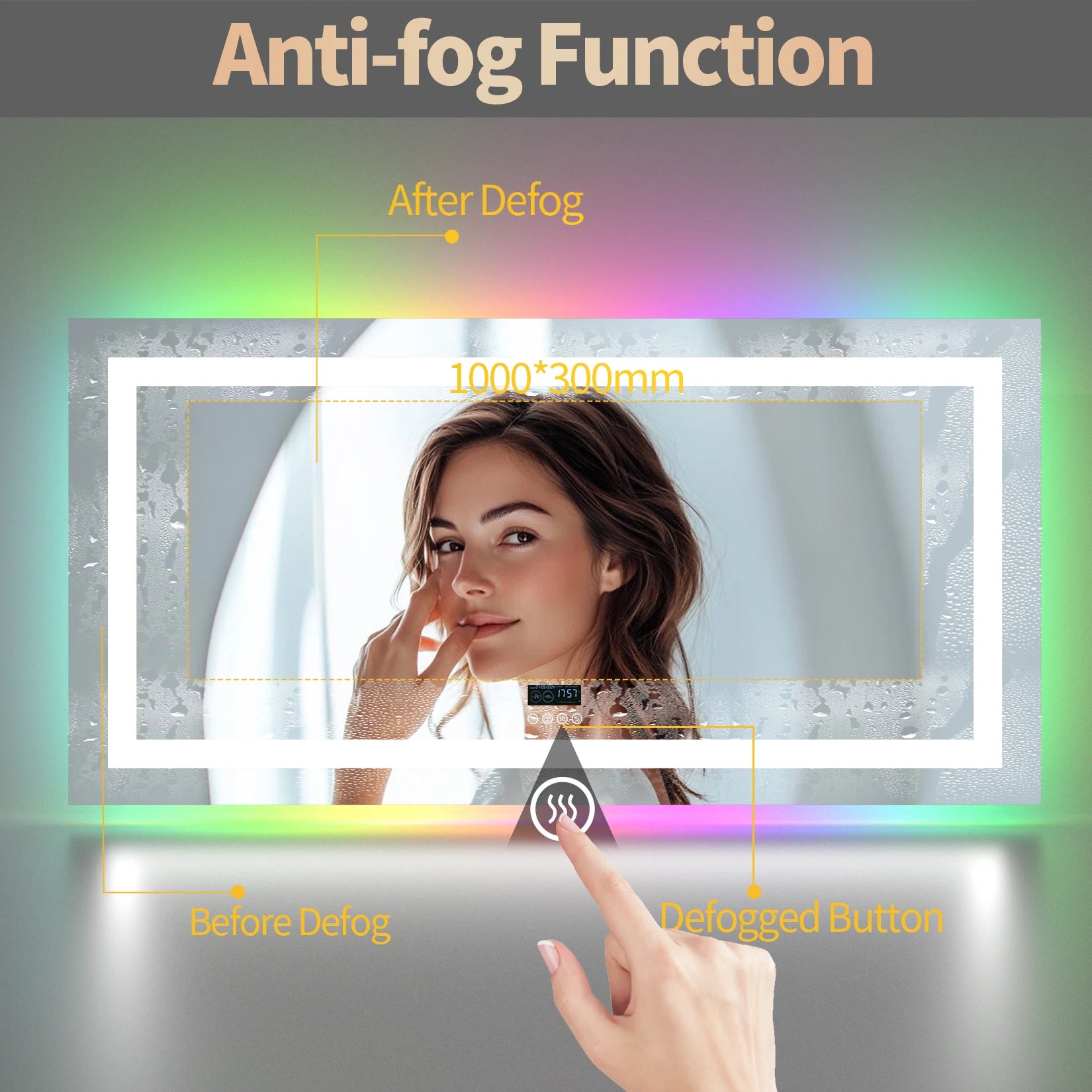 Rectangular LED Bathroom Mirror, Front-lit, RGB Backlight, Touch Antifog  with Date and Time Bluetooth Speaker
