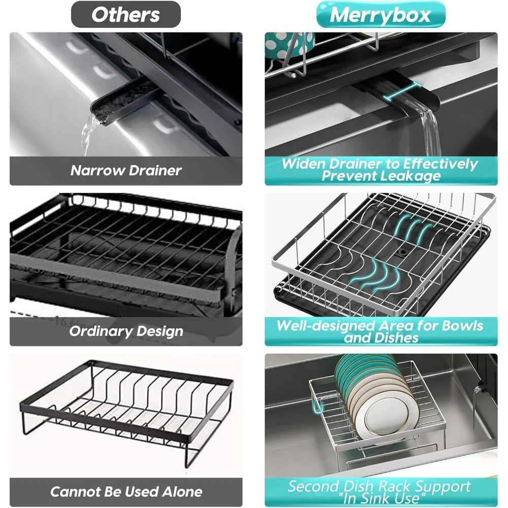 Rustproof Dish Drying Rack with Large 3-Compartment Utensil Holder for Kitchen Sink