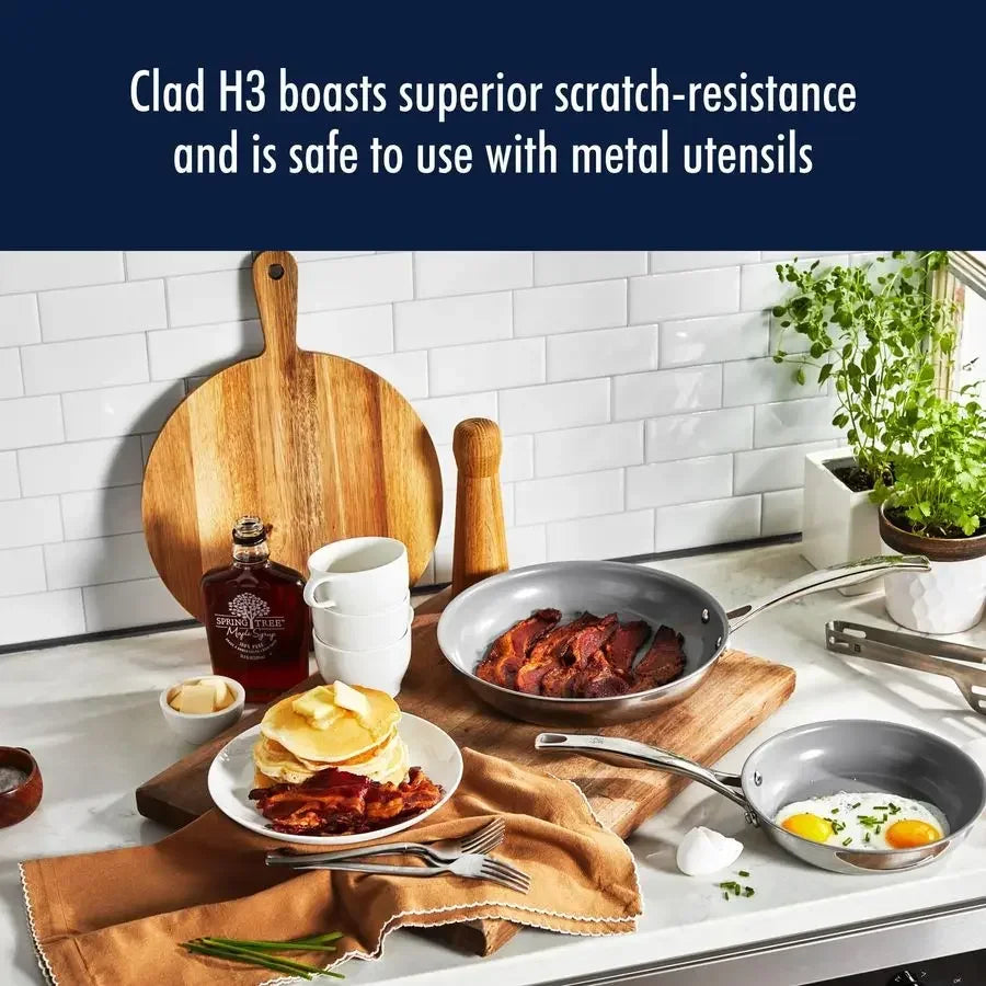 Clad H3 10pc Ceramic Nonstick  Induction Cookware Set,  Durable Stainless Steel, Easy to clean