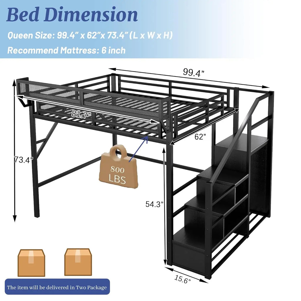 Queen  Metal Loft Bed with Stairs,  Storage, Wardrobe,& Bedside Shelf