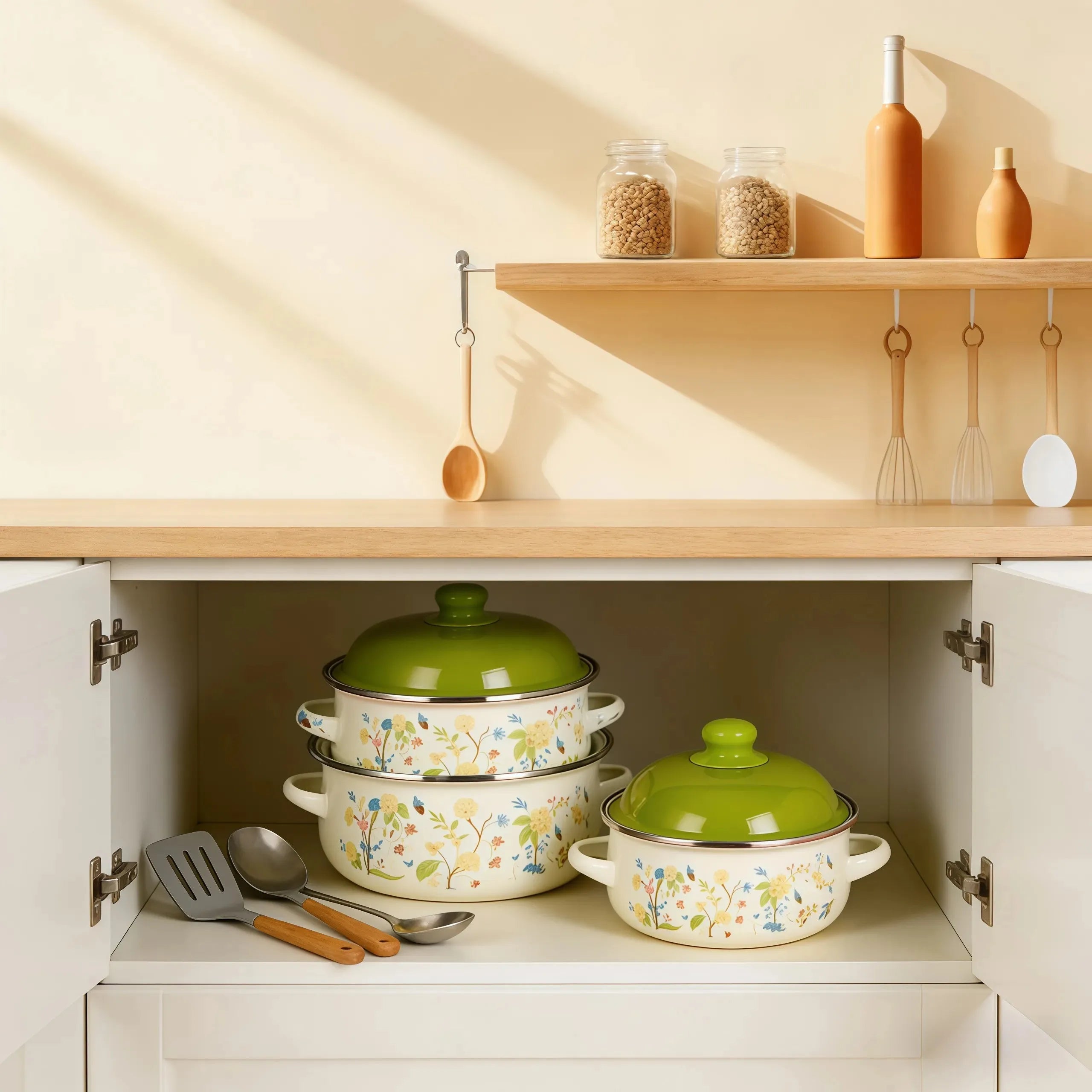 3Pcs Vintage Enamel Stock Pot Set with Lids,  Dual Handles & Flat Bottoms  for Induction & Gas Stoves