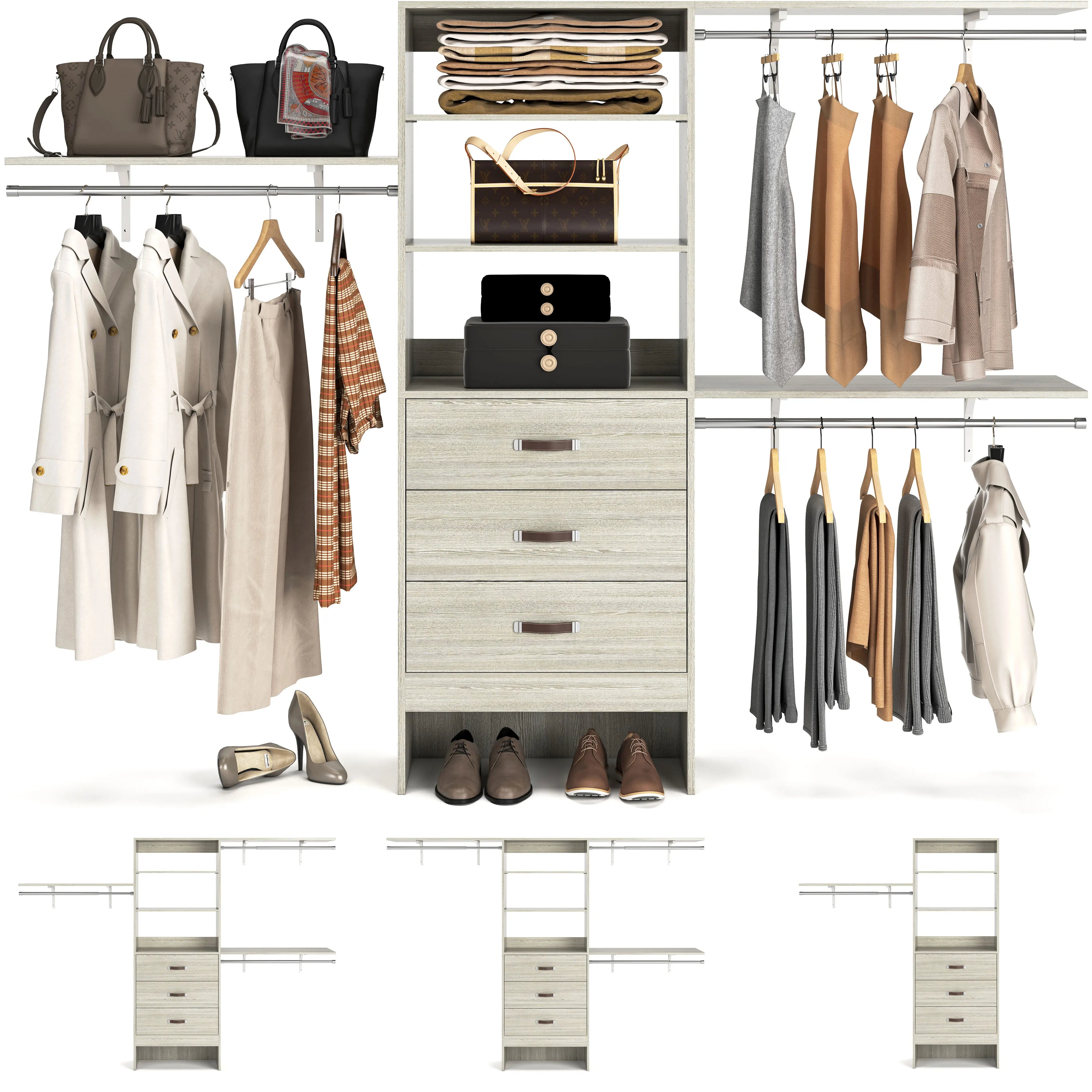 96 Inches Heavy Duty Closet System with 3 Drawers , Shelving Towers, Clothes Rack with Hanging Rods