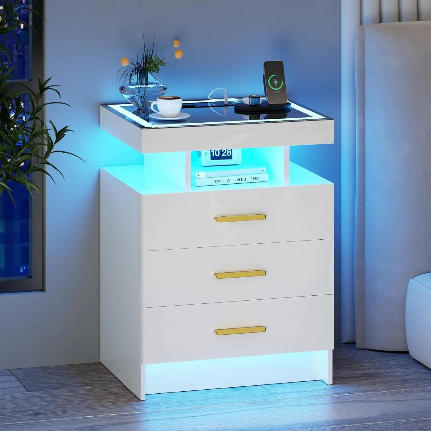 Black Night Stand Set 2  with Wireless Charging 3 Drawers Glass Top