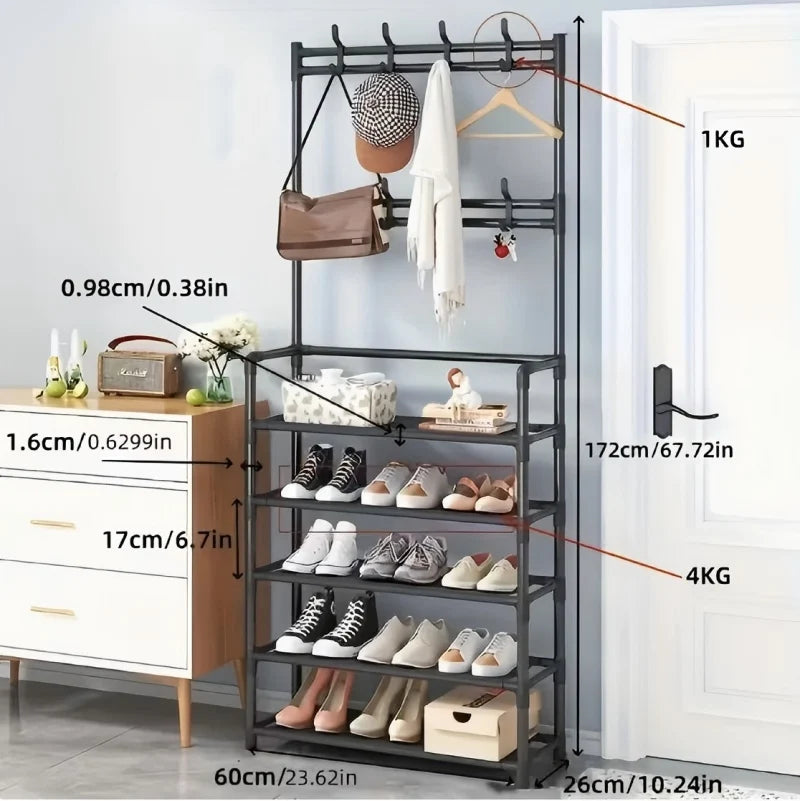 5- Standing Shoe Rack with Coat & Hat Hooks - Multi-Functional Entryway Storage Organizer