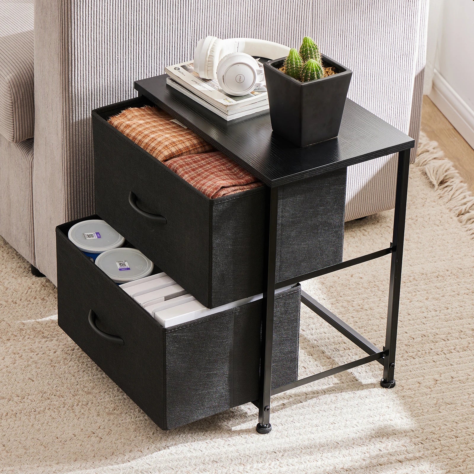 2-Drawer Fabric Nightstand Bedside Table with Storage Cabinet