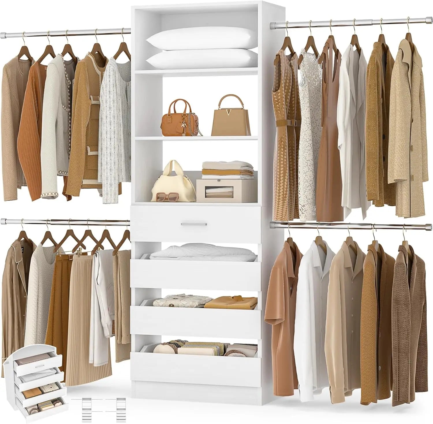 , 4-9Ft Closet Organizer with 4 Wooden Drawers,