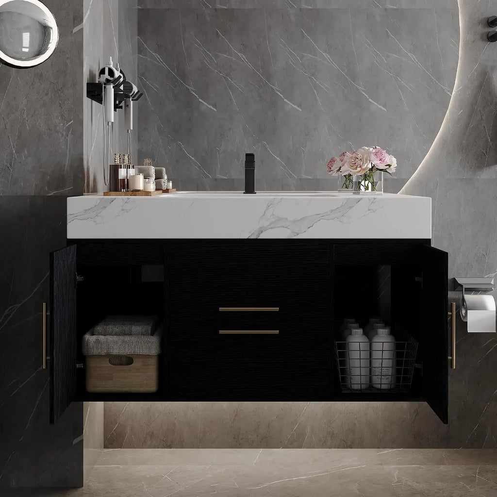 40" Modern Black Wall-Mounted Bathroom Vanity  with Ceramic Sink