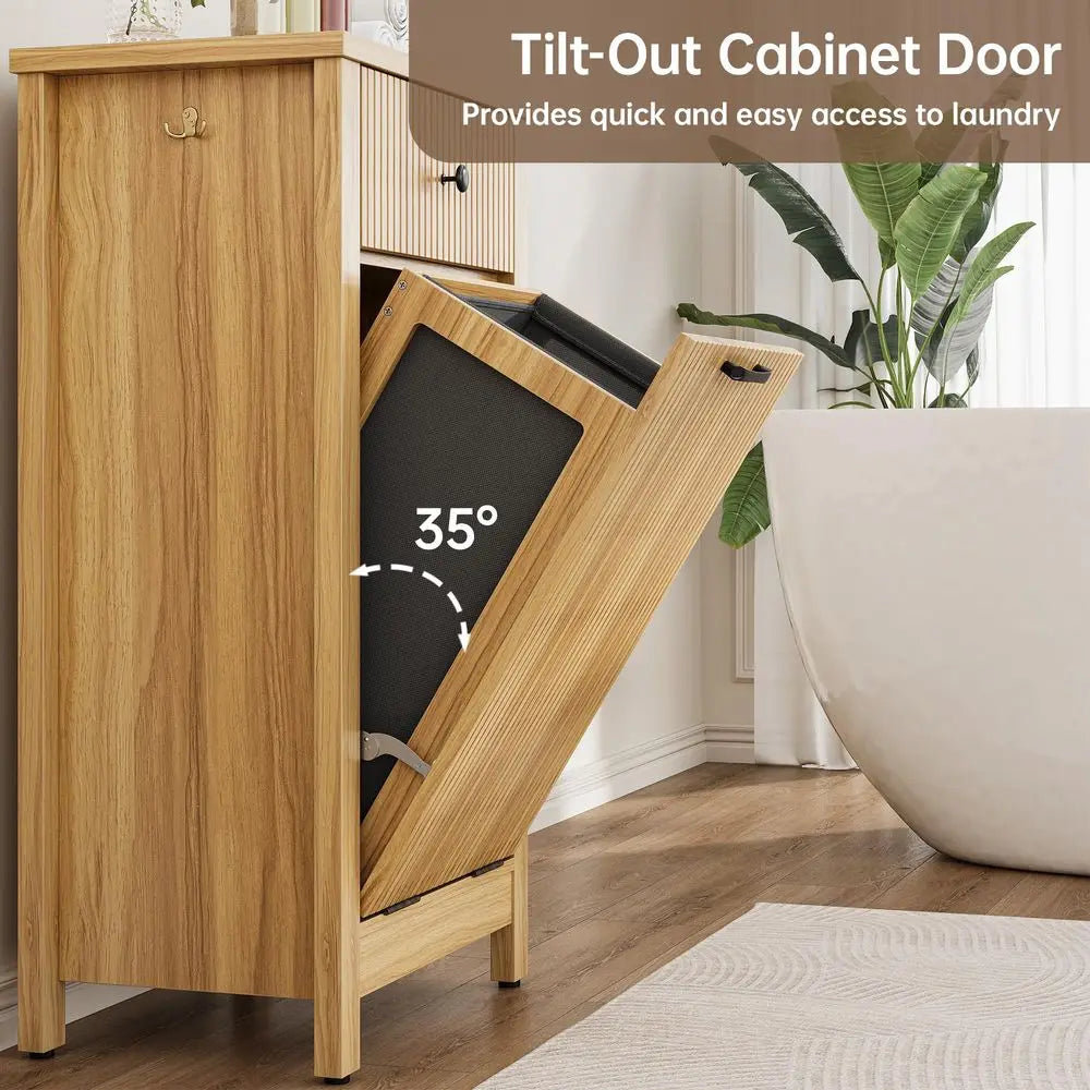 Tilt Out Laundry Hamper Cabinet with Drawer, 10 Gal Fluted. Trash Can  with Laundry Basket, Hidden Wood Garbage  Bin