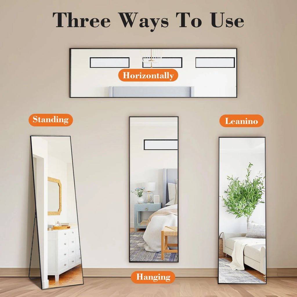 64"x21" Full Body Wall Mirror Standing Hanging or Leaning Wall-Mounted with Stand Aluminum Alloy Frame