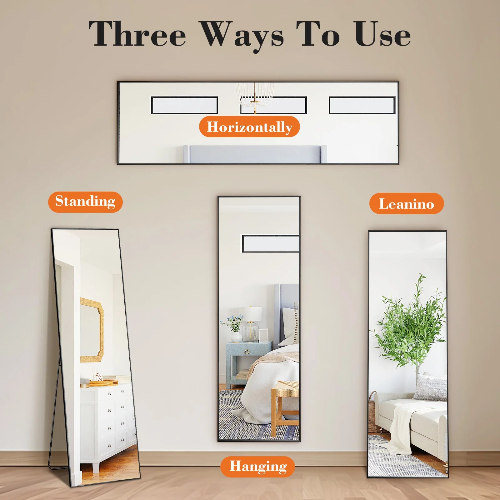 64"x21" Full Body Wall Mirror Standing Hanging or Leaning Wall-Mounted with Stand Aluminum Alloy Frame