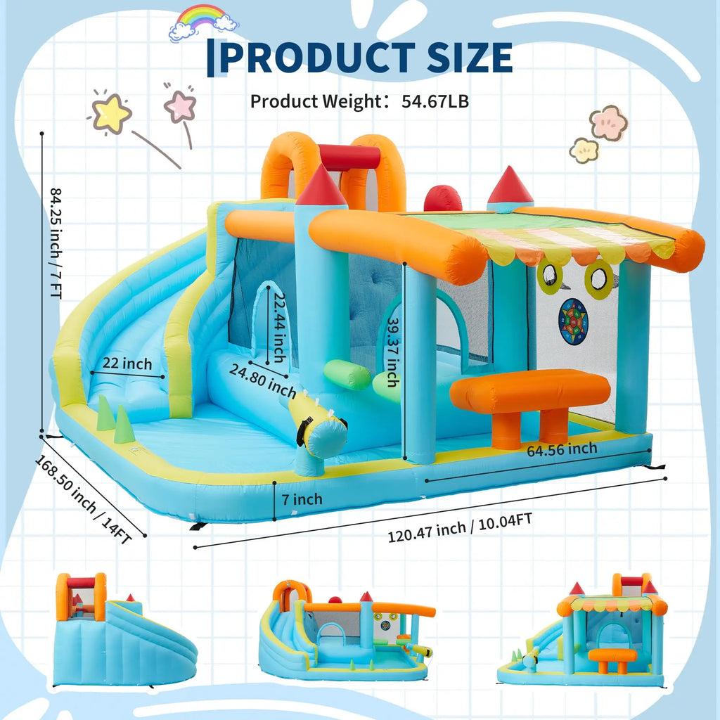 14FT Kids Bounce House With Slide & 450W Blower, 12-in-1 Inflatable Water Bouncer Party Castle Play