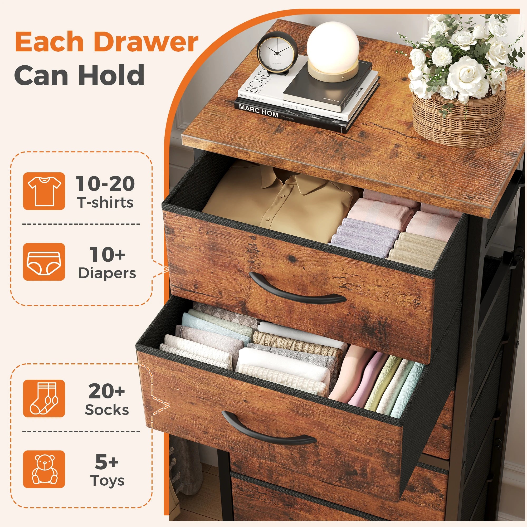 Tall 6 Fabric Drawer Dresser  for Bedroom Wood Top and Metal Frame Skinny Chest
