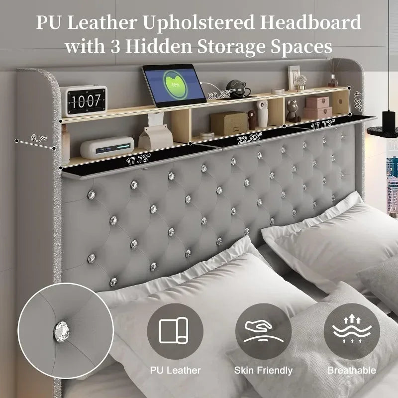 LED Bed Frame w/ Galaxy Aurora Star Projector,  Charging Station, Platform Beds with 52" Diamond Upholstered