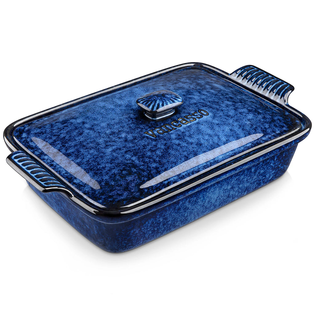 3.8L Blue Stoneware  Casserole Baking Dish with Lid Large Lasagna Pan,  Microwave Safe