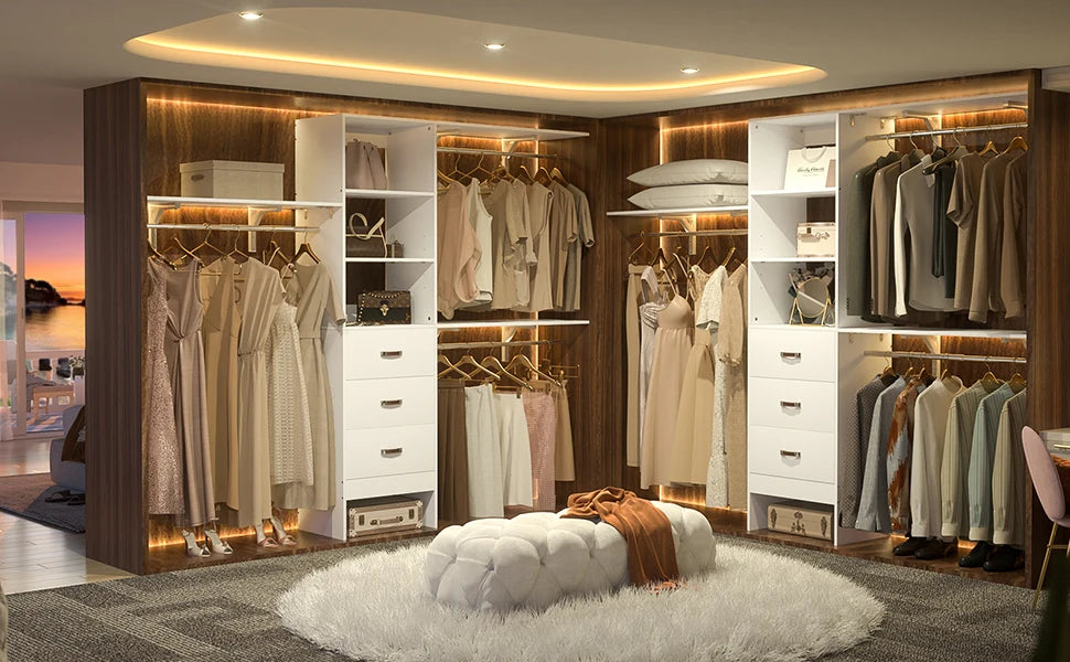 96 Inches Heavy Duty Closet System with 3 Drawers , Shelving Towers, Clothes Rack with Hanging Rods