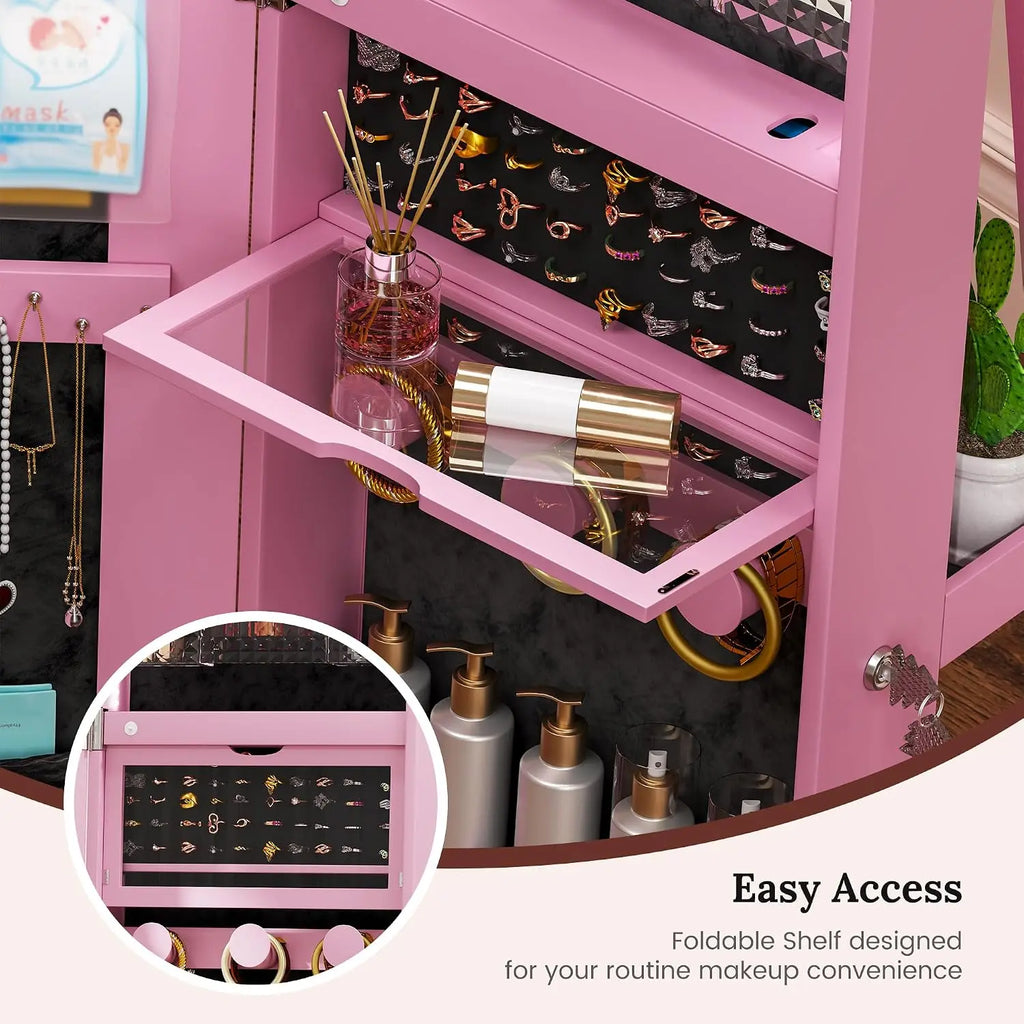 LED Mirror Jewelry Cabinet Standing, 360°Swivel  with Full Length Mirror, Storage