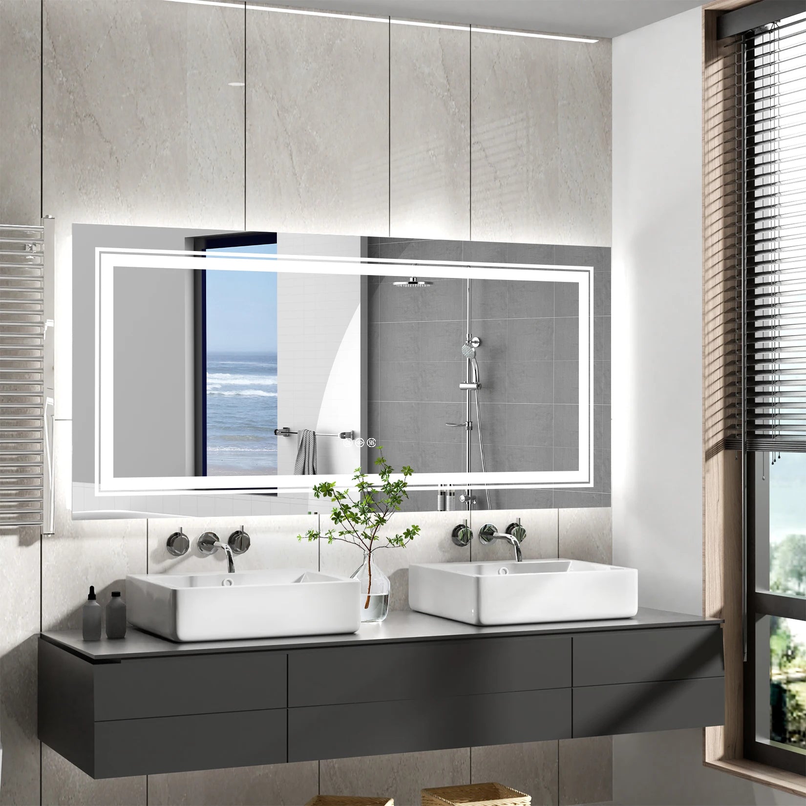 Extra Large Rectangle Bathroom Mirror LED  Dimmable Backlit Anti-Fog Memory with Front and Backlight Shatter-Proof