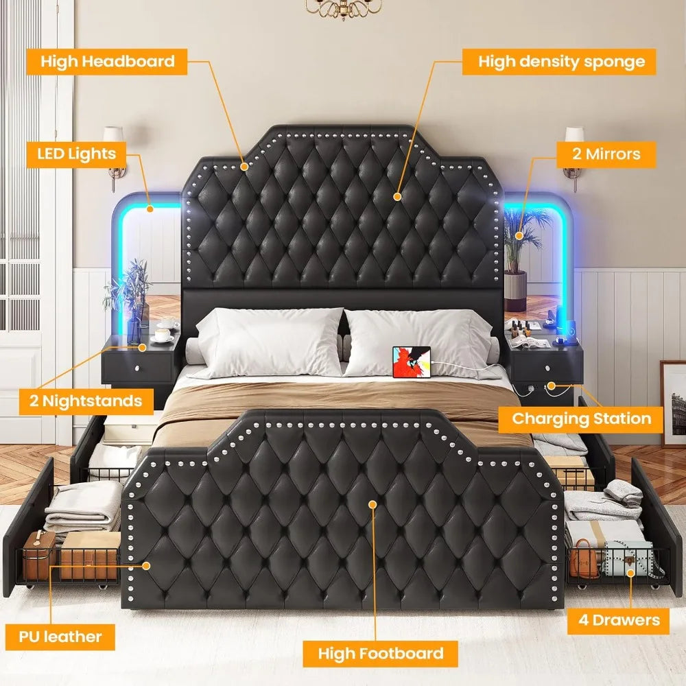 Queen Bed Frame W/ LED, Leather Upholstered Charging Station,  2 Nightstands. Mirror
