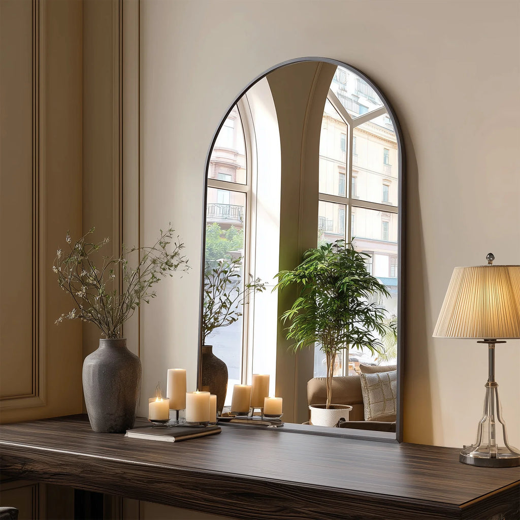 JHK  Arched Bathroom Mirror, 26x38" Metal Framed Wall Mirror for Vanity, Bedroom, & Archway
