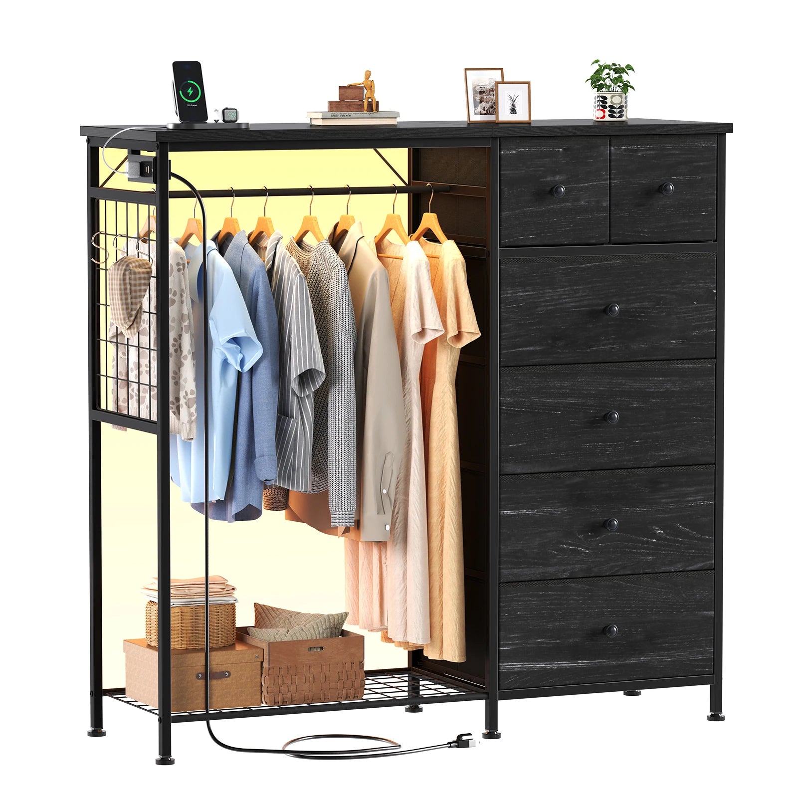 6 Drawer Fabric Dresser with Hanging Rack, Charging Station and LED Lights