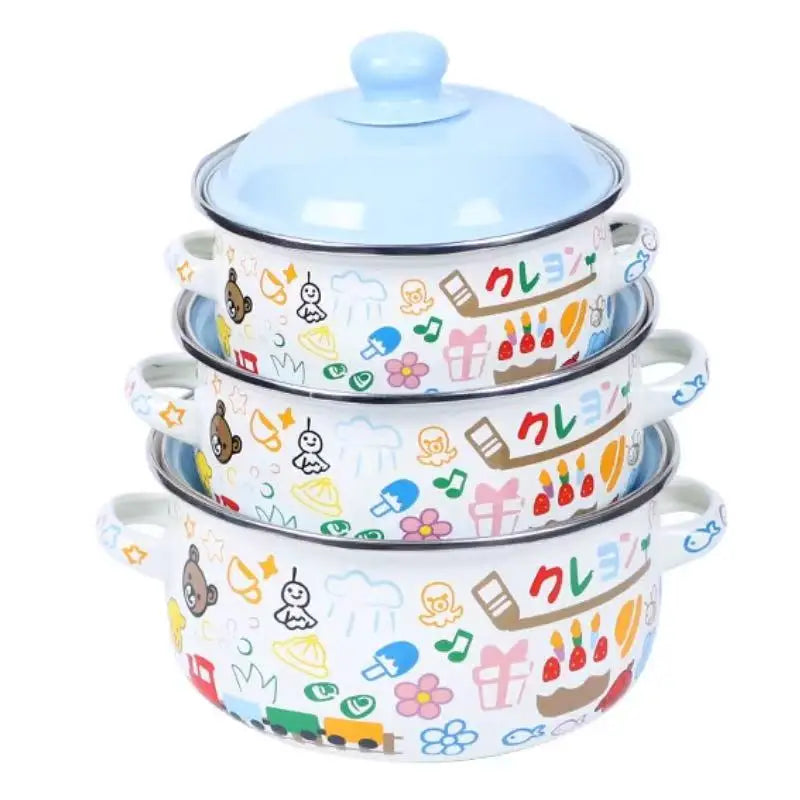 3Pcs Vintage Enamel Stock Pot Set with Lids,  Dual Handles & Flat Bottoms  for Induction & Gas Stoves
