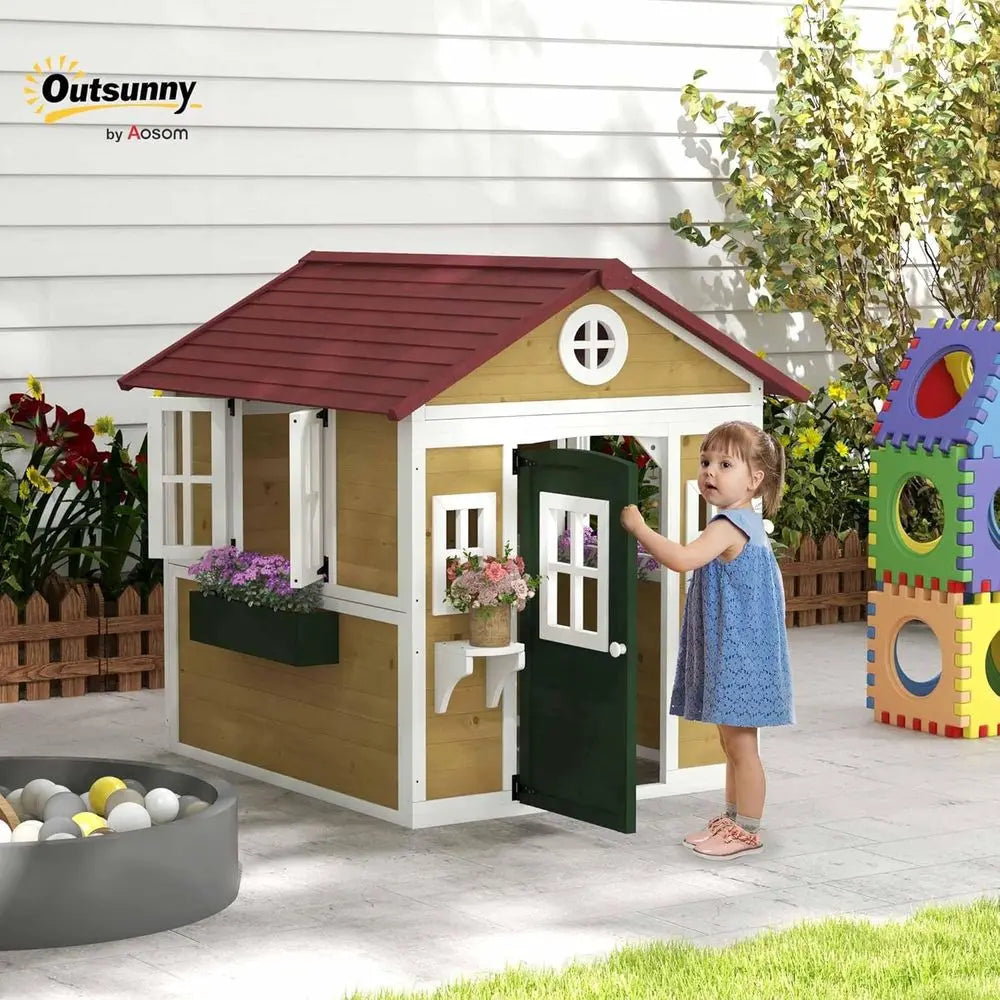Children's Wooden Playhouse with Doors, Windows, and Planters,