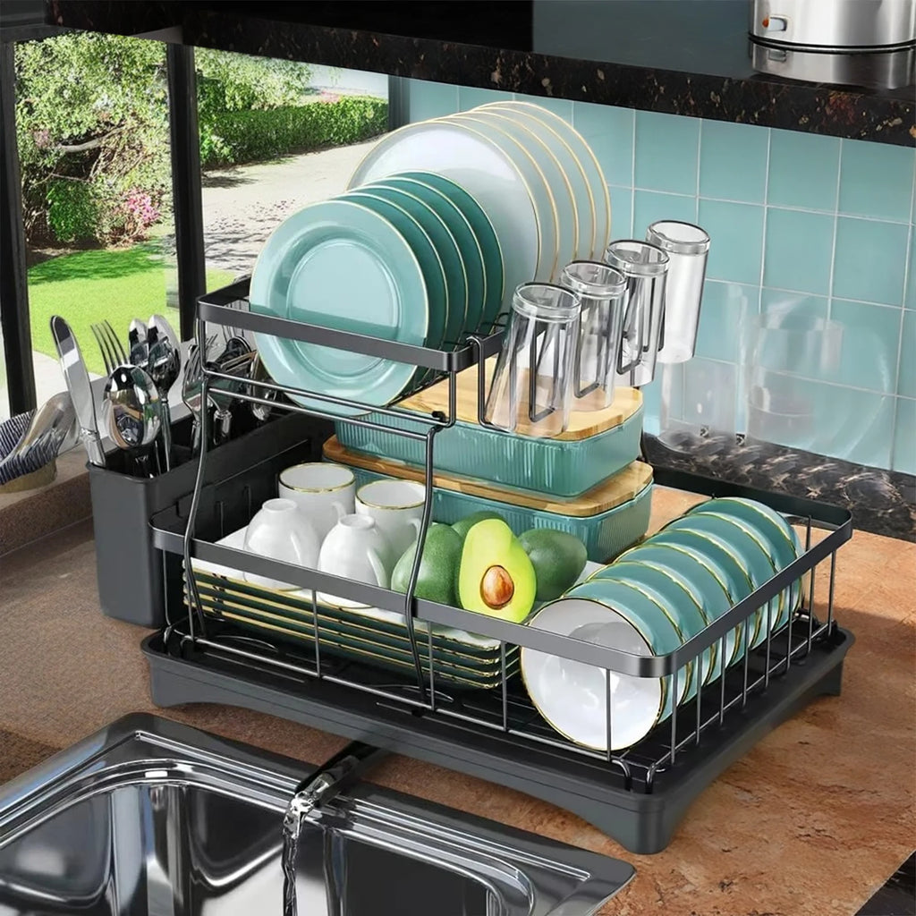 Large 2-tier dish drying rack for kitchen countertops, removable & large capacity