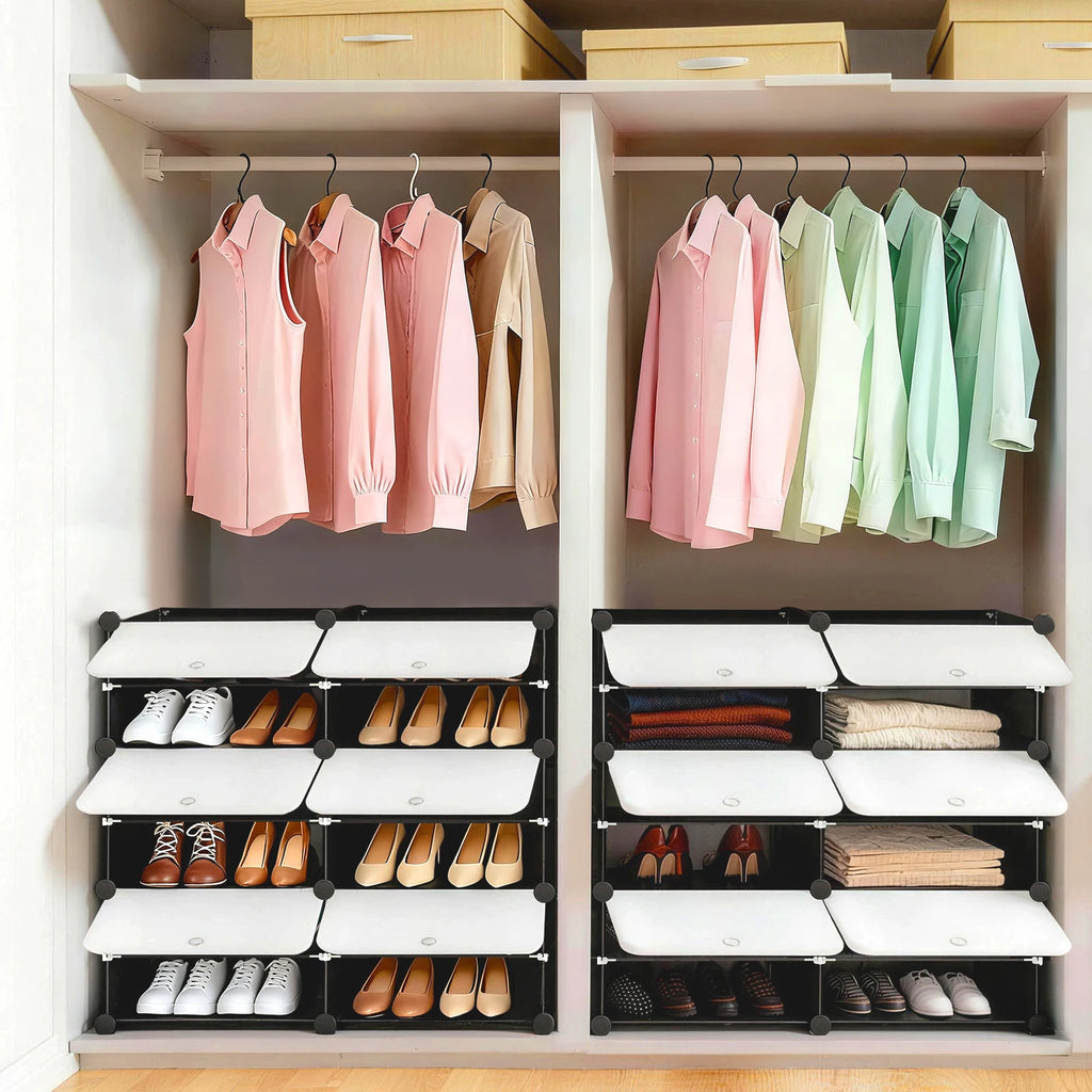 6-Tier Plastic Stackable Shoe Storage Cabinet with Doors , Space Saving Organizer