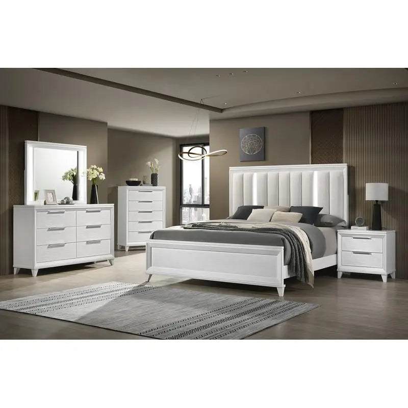 King  Bed  & 2 Nightstands 3-Piece Set Upholstered LED Headboard Solid Wood
