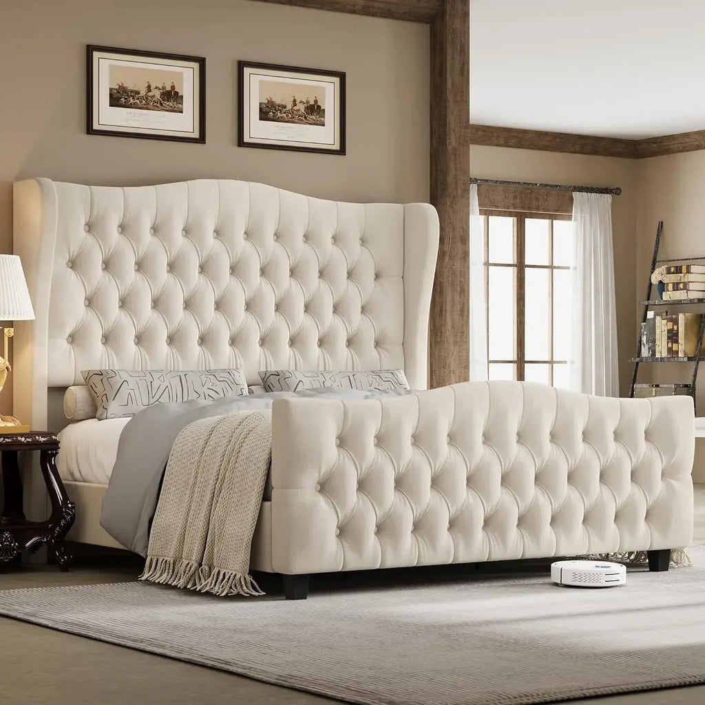 Full Size 54.3” Tall Platform Velvet Bed Upholstered Frame with Deep Button Tufted Wingback Headboard and Footboard,