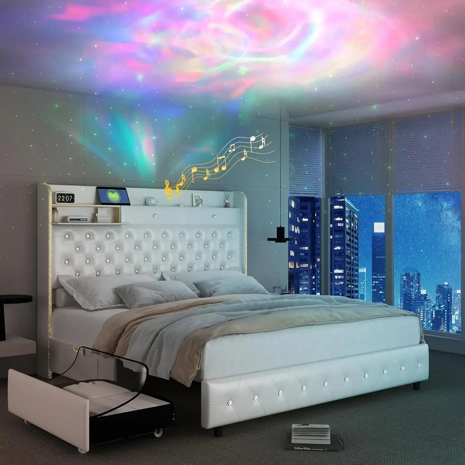 LED Bed Frame w/ Galaxy Aurora Star Projector,  Charging Station, Platform Beds with 52" Diamond Upholstered