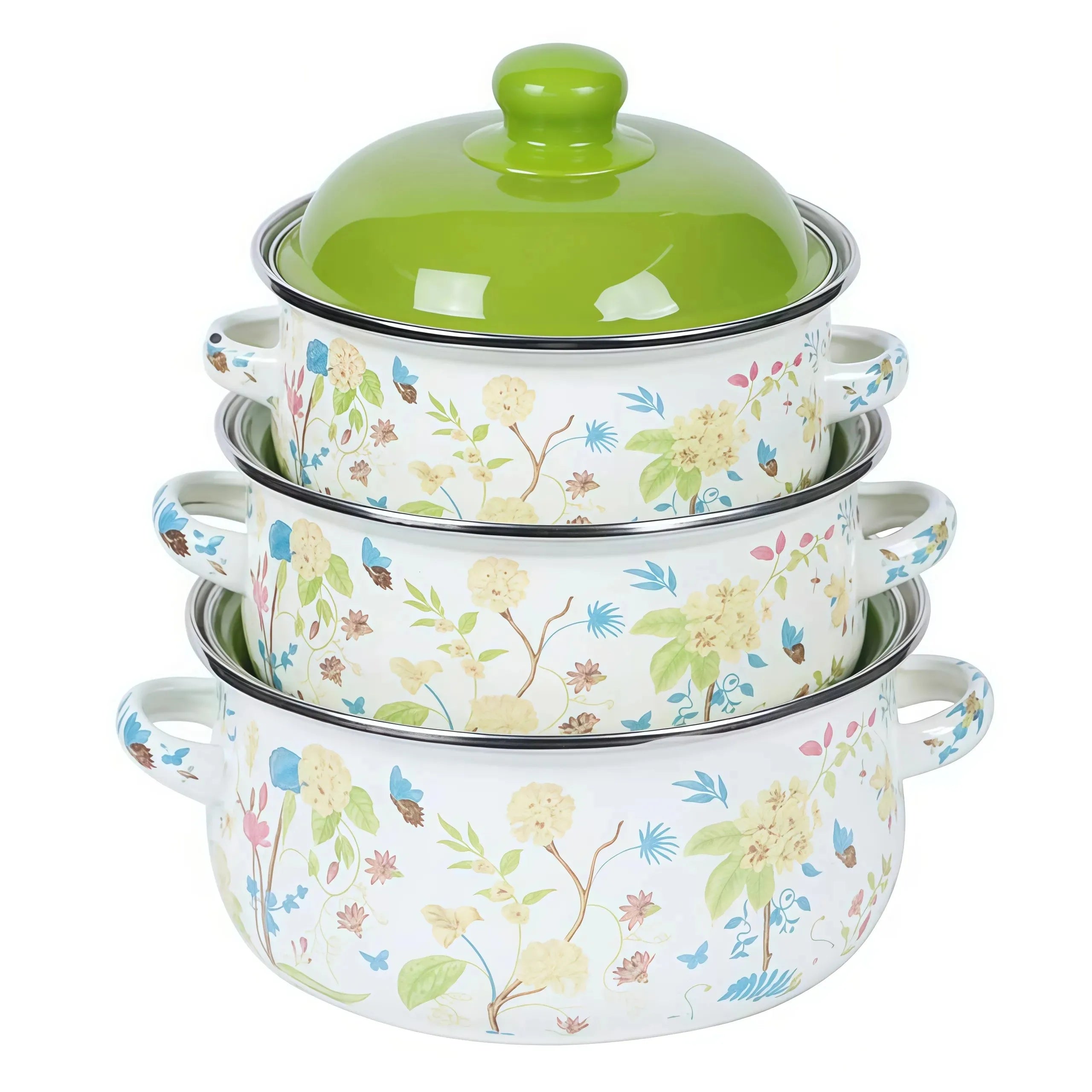 3Pcs Vintage Enamel Stock Pot Set with Lids,  Dual Handles & Flat Bottoms  for Induction & Gas Stoves