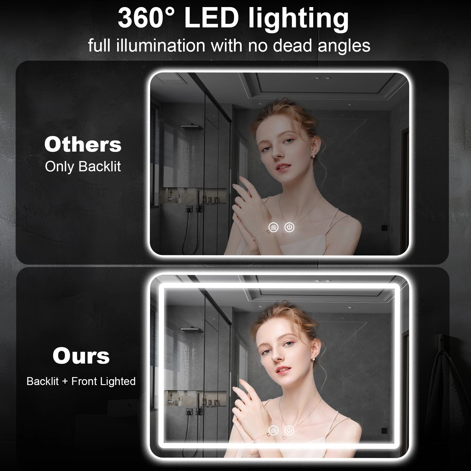 LED Bathroom Vanity Mirror Wall  With Lights Stepless Dimmable Lighted  For Wall Rectangle