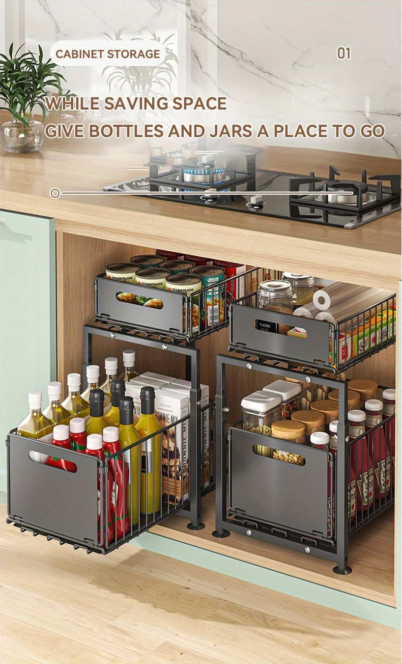 2 Tier Slide Out Cabinet Organizer , Adjustable Metal under sink storage shelf, Heavy Duty