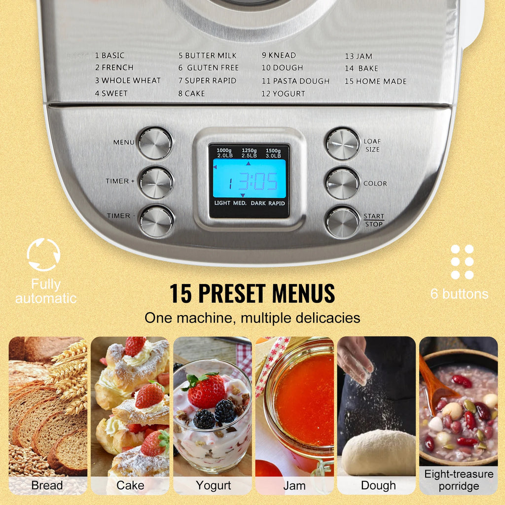 2/3 LB Bread Maker 15-in-1 Dough Machine Nonstick Ceramic Pan Automatic  with Gluten Free Setting