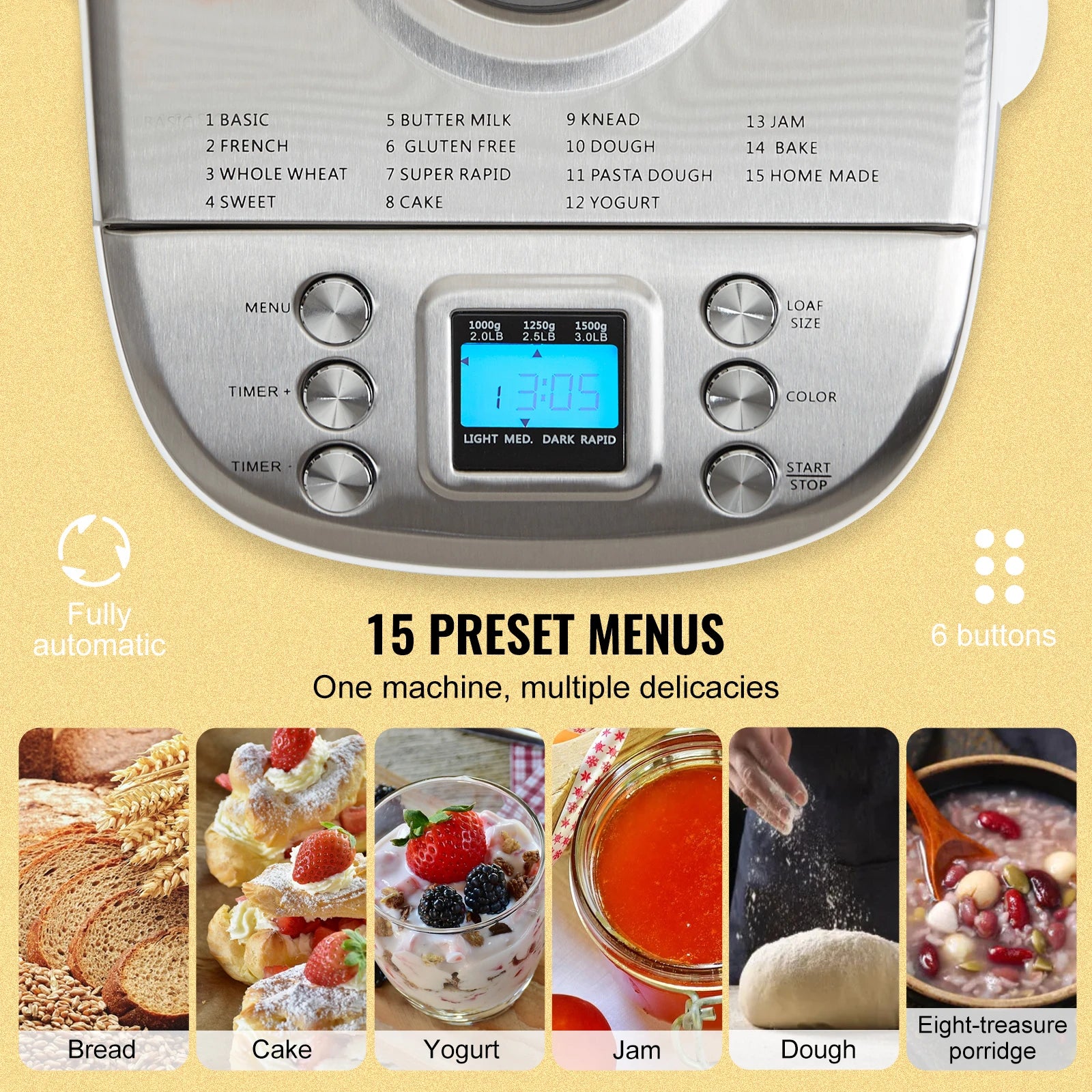 2/3 LB Bread Maker 15-in-1 Dough Machine Nonstick Ceramic Pan Automatic  with Gluten Free Setting