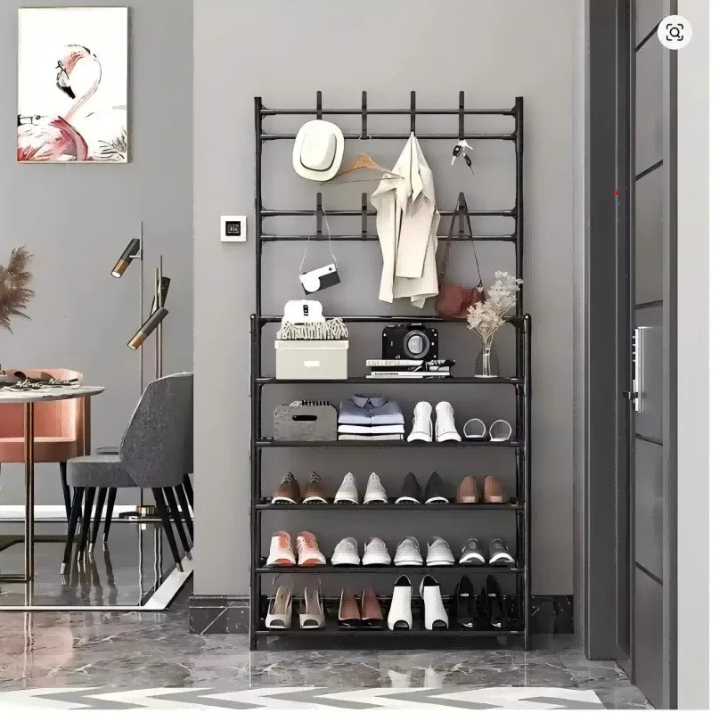 5- Standing Shoe Rack with Coat & Hat Hooks - Multi-Functional Entryway Storage Organizer