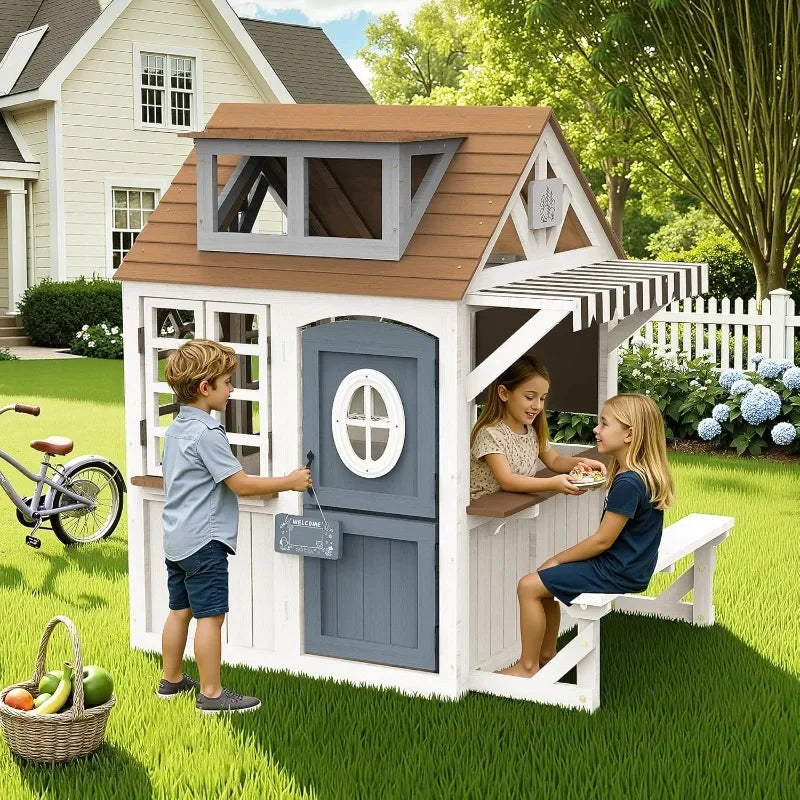 Outdoor Wooden Playhouse with Kitchen Set ,Chalkboard with Waterproof Roof & Rust-Resistant Hinges,