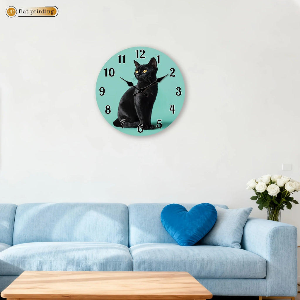 1pc Black Cat Portrait Wall Clock | Wooden Silent Clock, 2D Flat Printing,