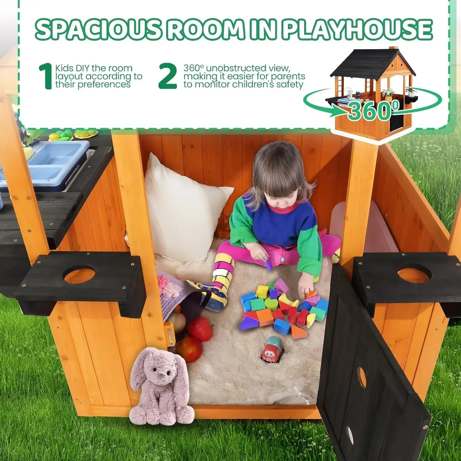 Kids Outdoor Playhouse with Sink Toys, Picnic Table, Mailbox, Spacious Wooden Toddler
