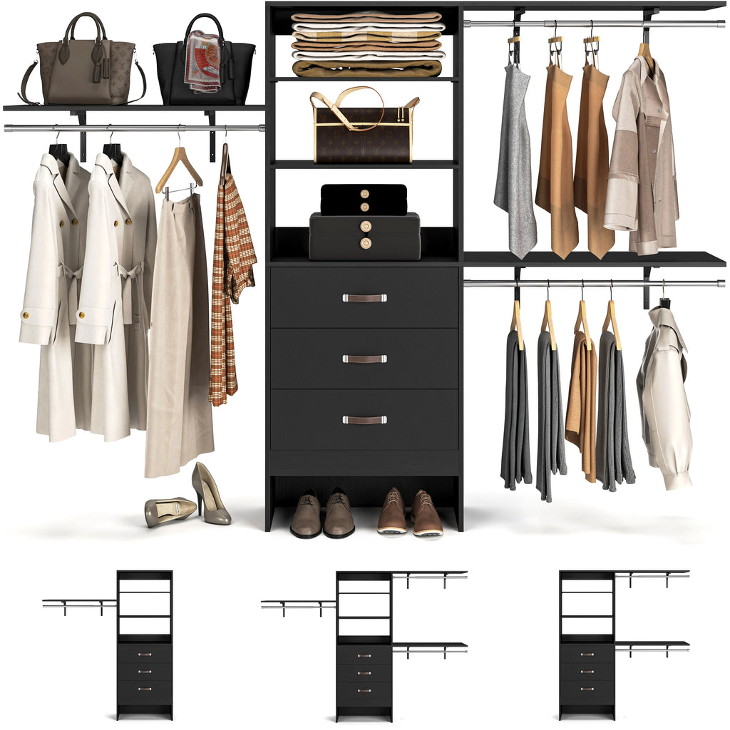 96 Inches Heavy Duty Closet System with 3 Drawers , Shelving Towers, Clothes Rack with Hanging Rods