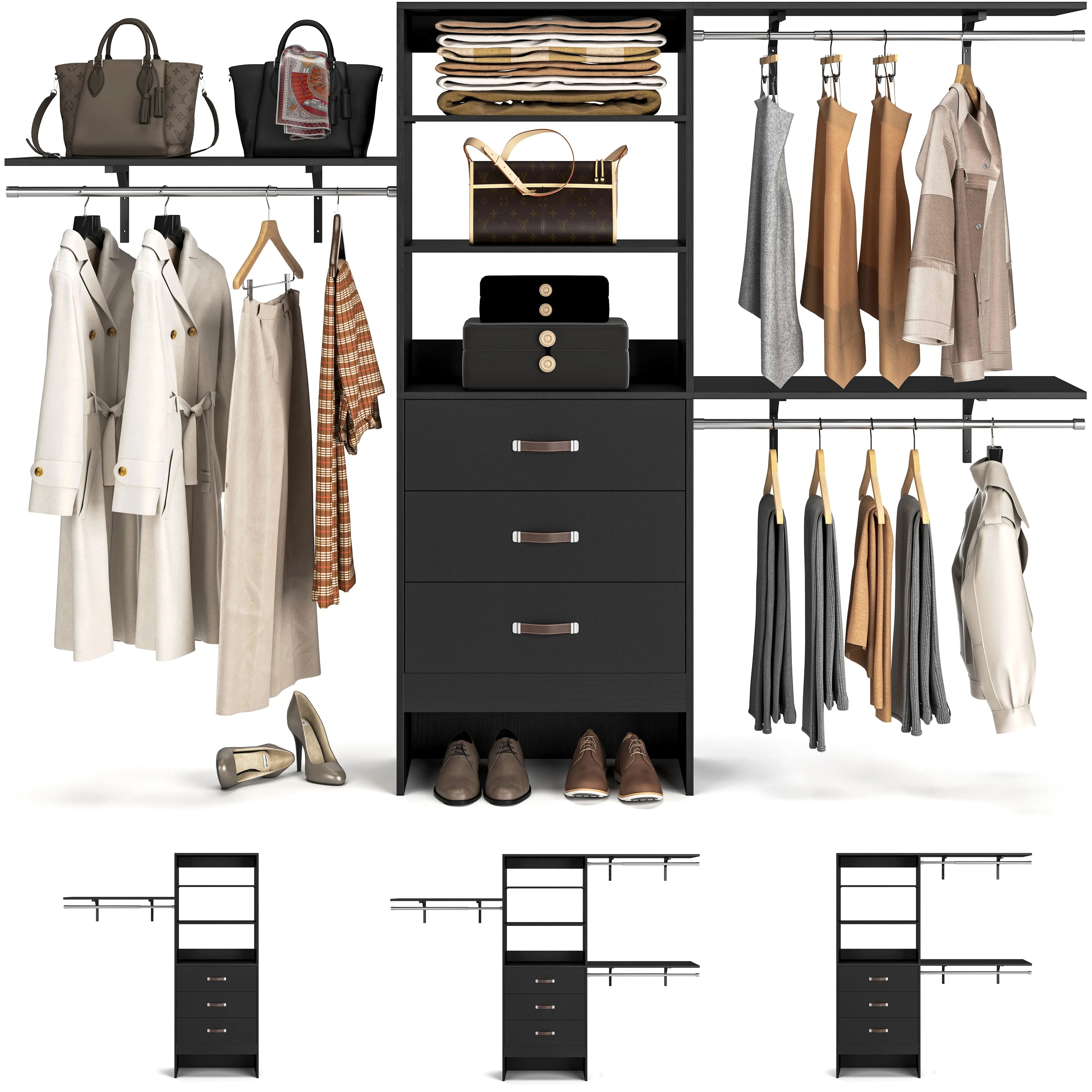 96 Inches Heavy Duty Closet System with 3 Drawers , Shelving Towers, Clothes Rack with Hanging Rods