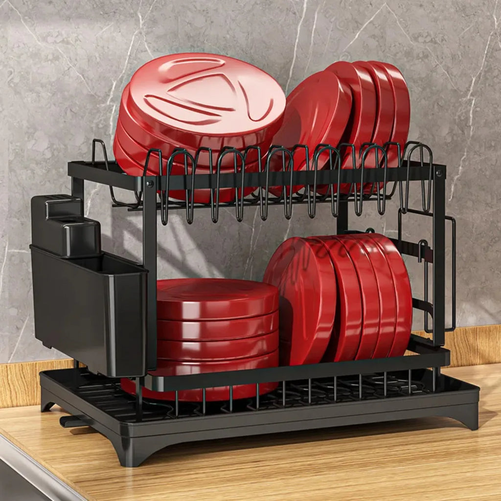 2-Tier Rotating Dish Drying Rack – 360° Swivel Drainboard  & Utensil Holder, No-Drill Metal Organizer
