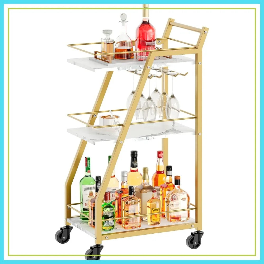 3-Tier Bar Cart with Wheels, Gold Drink Cart for Home,