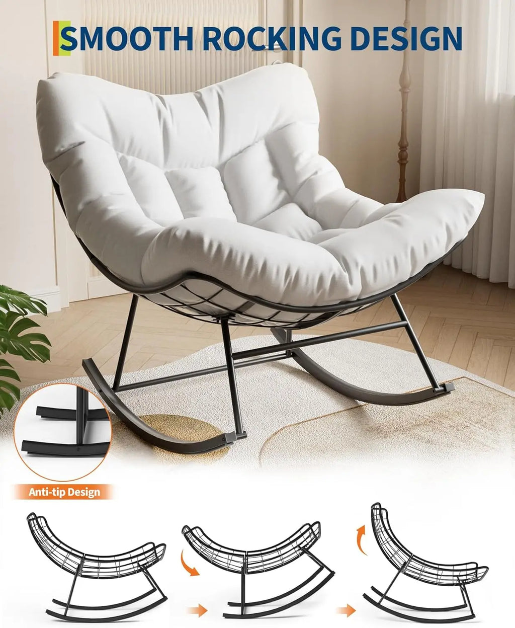 Outdoor Oversized Papasan Rattan Egg  Rocking Chair with Footrest, For, Patio ,  Balcony, Backyard ,Porch, Bedroom.