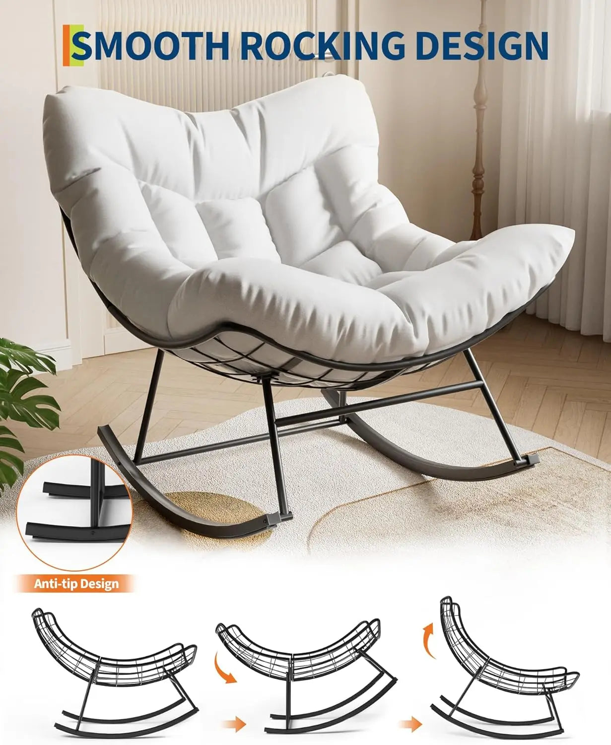 Outdoor Oversized Papasan Rattan Egg  Rocking Chair with Footrest, For, Patio ,  Balcony, Backyard ,Porch, Bedroom.