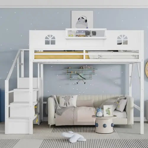 Queen  Metal Loft Bed with Stairs,  Storage, Wardrobe,& Bedside Shelf